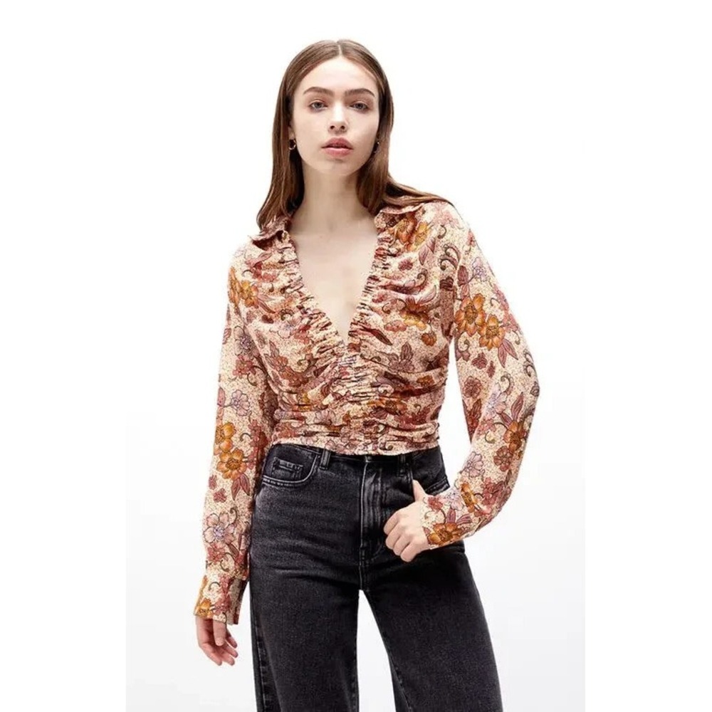 Free People I Got You Cropped Long Sleeve Floral Tan Orange Fall Ruched Top‎